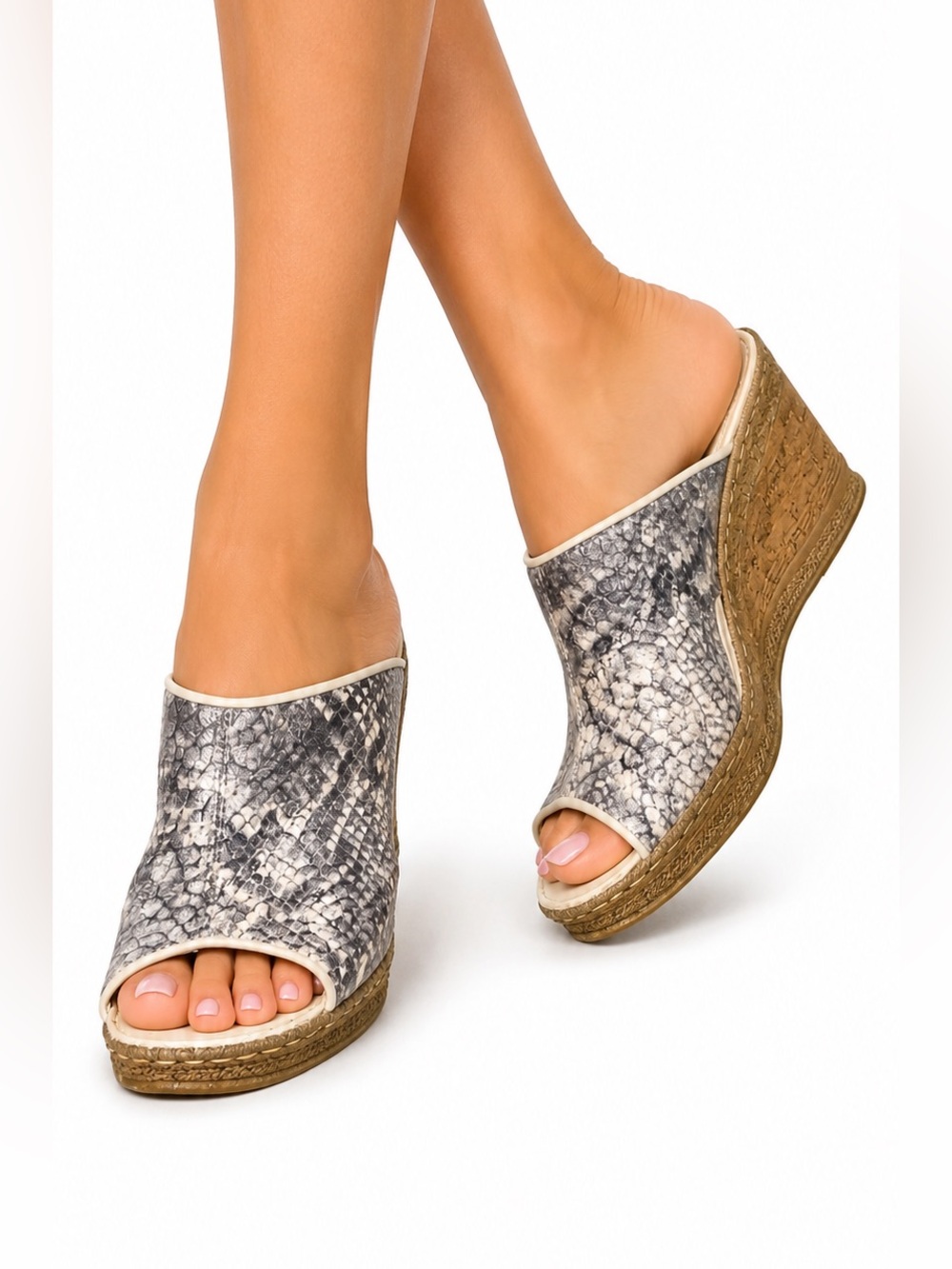 Venezia Snake-Print Open-Toe Wedge Mules in Gray and Tan